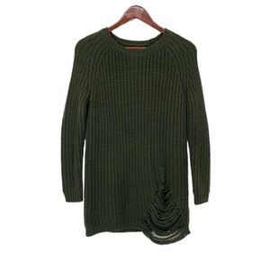 Forever 21 Dark Olive Green Wide Knit Distressed Hip Tunic Length Sweater Sz S